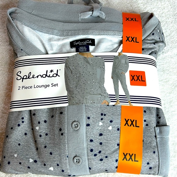 Splendid 2 Piece Pajama Set Loungewear gray pika heart  Joggers Crew. SZ XXL.NWT - Picture 1 of 8